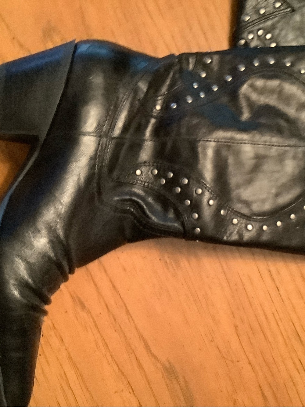 Reba Black Studded Leather Mid-Calf Heeled Boots